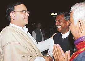 Mr Arun Jaitley, Union Commerce Minister, being welcomed by Mr Satya Pal Jain, former MP, at the UT Guest House 