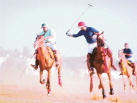 Angad Singh of Quila Mubarak tries to get past Commander A.P.S. Samra in an exhibition match of the Patiala Polo Cup