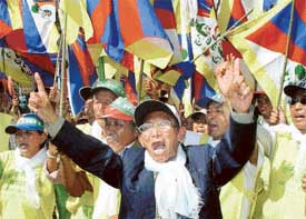 Tibetans from Dharamsala hold a protest rally in Sector 17, Chandigarh, on Monday