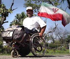Iranian national Keyumar Ali Mardani, who arrived in Ambala on Monday. The physically challenged Mr Mardani is undertaking a world tour for peace on a wheelchair.