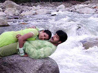 Tamil stars Akash and Devika shoot for the film Ramakrishna at the banks of Beas near Manali 