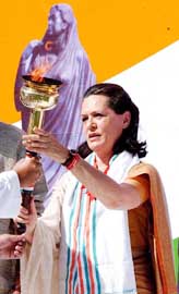 Congress President Sonia Gandhi hands over Jagriti Jyot to Youth Congress leaders to spread the message of peace and harmony