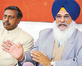 Mr Gurpartap Singh Riar, president of the local unit of the Shiromani Akali Dal, announces formal alliance with the BJP in Chandigarh