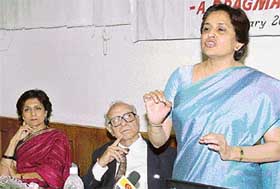 Ms Asha Nayar, addresses at an interactive session on the Dynamic role of media in employment generation held at a hotel in Sector 10, Chandigarh, on Wednesday. Also seen in the picture are Mr Rabindra Seth and Ms Usha Albuquerque. 