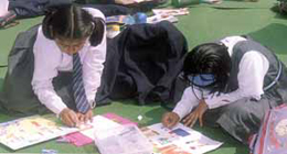 Schoolchildren during a painting competion on the theme: BAMBOO & US  to create awarness about the prestigious VII World Bamboo Congress at Dilli Haat in the Capital on Wednesday. 