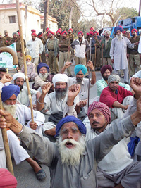 Bharatiya Kisan Union activists protest against the state government near the Chief Minister's residence in Patiala on Thursday.