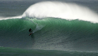 A local surfer drops into a large wave at South Narrabeen in Sydney on Friday