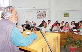 Prof Vepa Rao, Chairman of the Department of Mass Communication, Himachal Pradesh University, speaks at a seminar on Media and society at the Dev Samaj College for Women, Sector 45