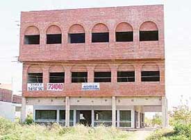 A vacant commercial complex surrounded by wild vegetative growth in Sector 5