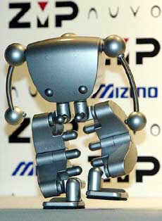 Nuvo, a prototype of a human-shaped walking robot developed by a Tokyo-based ZMP, walks on the stage