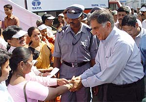 Tata Group Chairman Ratan N Tata interacts with Tata Steel employees