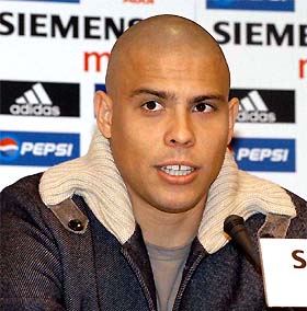 Brazilian striker Ronaldo announces his renewal of contract with Real Madrid until 2008 at a Press conference in Madrid