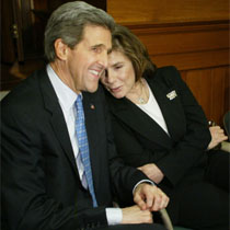 United States Democratic presidential candidate, Senator John Kerry, and his wife Teresa Heinz Kerry watch as rival candidate Senator John Edwards withdraws from the race 