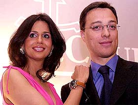 Nicolas Baretzki, International Director of Swiss watchmaker Jaeger-LeCoultre, along with model Shefali Talwar, at the launch of the companys watches in New Delhi