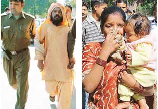 Murder accused Mehant Jaidev Giri being brought from court and (right): his wife and daughter outside the court in Chandigarh