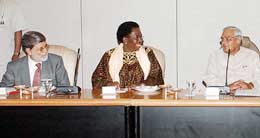 Prime Minister Atal Bihari Vajpayee having words with the Foreign Ministers of South Africa and Brazil, Nkosaznna Dlamini-Zuma and Celso  Maorim, at Prime Minister's residence
