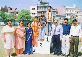 Position holders at the victory stand during the annual athletics meet of the SDP Institutions in Ludhiana 