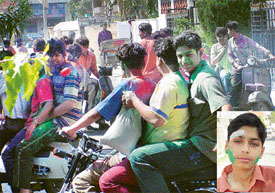 Holi revellers zip around Ludhiana without helmets. Inset: A 13-year-old boy who was injured in a fall from his vehicle on Saturday