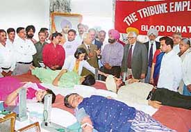 Employees of The Tribune donate blood at a camp organised by The Tribune Employees Union to observe International Womens Day