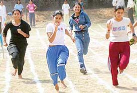 A 100-metre race in progress at the annual athletics meet at Government Polytechnic for Women, Sector-10, Chandigarh, on Wednesday.