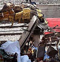 The wreckage of a train at Madrids Atocha station after an explosion on Thursday. A series of explosions that ripped through crowded passenger trains during the rush hour in Madrid killed 186 persons. 