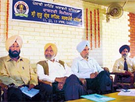 From left: Prof Ravinder Bhattal, Dr Rattan Singh Jagi, Dr S.S. Johl and Dr Surjit Patar at a seminar on Guru Granth Sahib, organised by the Punjab Sahit Akademi