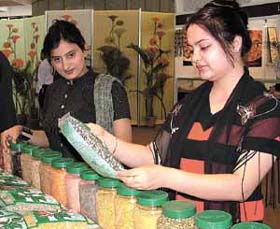 A visitor takes a close look at Aahar, the International Food Fair 2004, which was inaugurated at Pragati Maidan in the Capital
