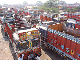 Truckers park their vehicles on the Patiala-Rajpura road