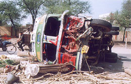 The truck which rammed into two camel-carts, killing one person and injuring 40, in Abohar on Thursday.