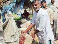 Hira Lal, tea vendor, shows blood spots on the rock in his stall where Kishen Lal fell after being run over by an unidentified car