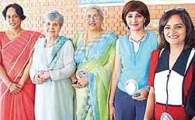 The role models --- Dr Umesh Nandani Jindal, Ms June Saupin, Ms Salochana Ahuja, Ms Shireen Sethi and Ms Suchita Jain --- after receiving the honours at a function in Chandigarh