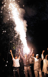 Activists of the Akhil Bharatiya Muslim Yuva Ekta Committee celebrate Indias sensational victory over Pakistan