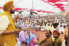 Lok Bhalai Party president Balwant Singh Ramoowalia addresses a rally near Dehlon village