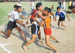 A kabaddi match in progress as part of the Annual Rural Games at Sports Complex, Sector 46, Chandigarh, on Tuesday.