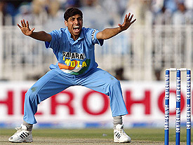 Indias Ashish Nehra successfully appeals for the leg before wicket (LBW) dismissal of Pakistans Moin Khan in the second One-Day International in Rawalpindi 