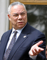 US Secretary of State Colin Powell speaks at a news conference in Kabul