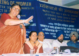 Dr Vandana Shiva, resource person, speaks on the occasion of the public hearing organised for women in Ludhiana