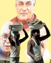 Construction workers braving the scorching sun, unconcerned about the portraits of the BJP trinity outside the Ashok Road office of the party in the Capital on Friday.