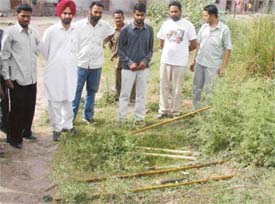 Residents recover sharp-edged weapons and sticks used in the assault on a Tribune team in Dhakauli near Zirakpur on Monday night . 