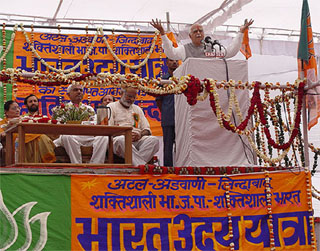 Deputy Prime Minister L.K. Advani addresses a public meeting during the Bharat Uday Yatra at Sonepat 
