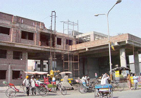 A view of the citys fire brigade headquarters near Laxmi Cinema. Construction here has been going at a snails pace for the past three years