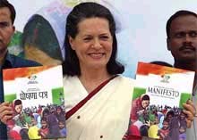 Congress President Sonia Gandhi releases her partys election manifesto in New Delhi
