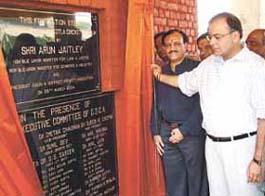 Union Minister Arun Jaitley, who is also the president of the Delhi and District Cricket Association, unveiling the foundation stone of the new cricket stadium