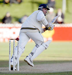 South African skipper Graeme Smith plays one down the leg-side on the fourth day of the third Test against New Zealand 