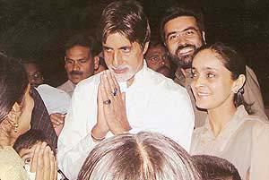 Amitabh Bachchan greets guests at a party in Northpark Hotel, Panchkula.