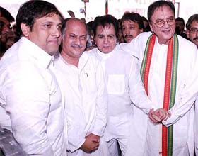 Thespian Dilip Kumar, Bollywood actor and Congress leader Govinda at the opening of Sunil Dutts election office in north-western Mumbai