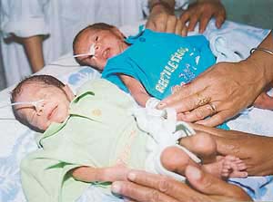 Two of the underweight triplets being treated at the GTB Hospital, Ludhiana.