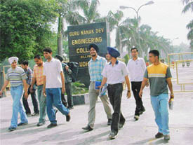 Students of Guru Nanak Engineering College come out after the college was closed for two days due to SGPC President Gurcharan Singh Tohras death