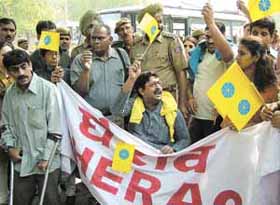 Actvists of the Disabled Rights Group (DRG) sitting on dharna during a demonstration in front of the Election Commission office.