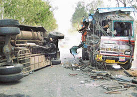 The private bus and the truck that collided on the Kalka-Ambala highway near Dera Bassi